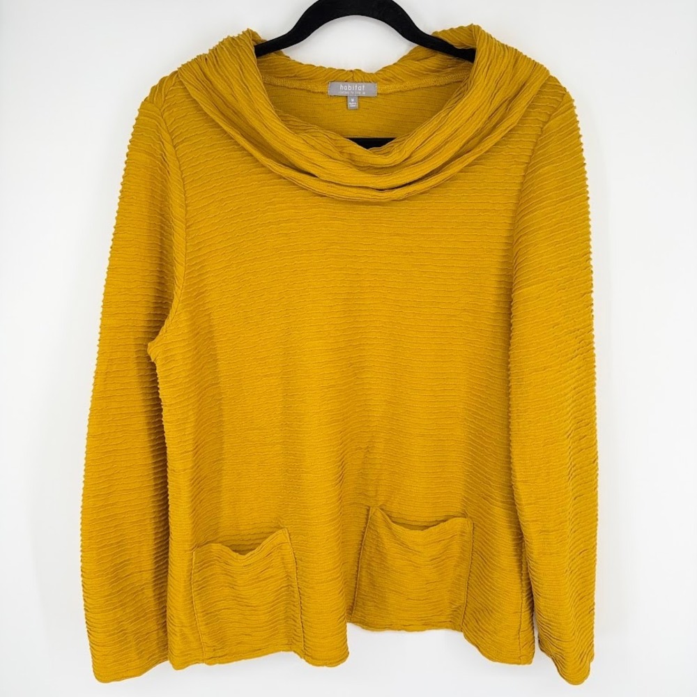 Habitat Cowl Neck Top Women M Mustard Yellow Textured Pockets Lagenlook Artsy